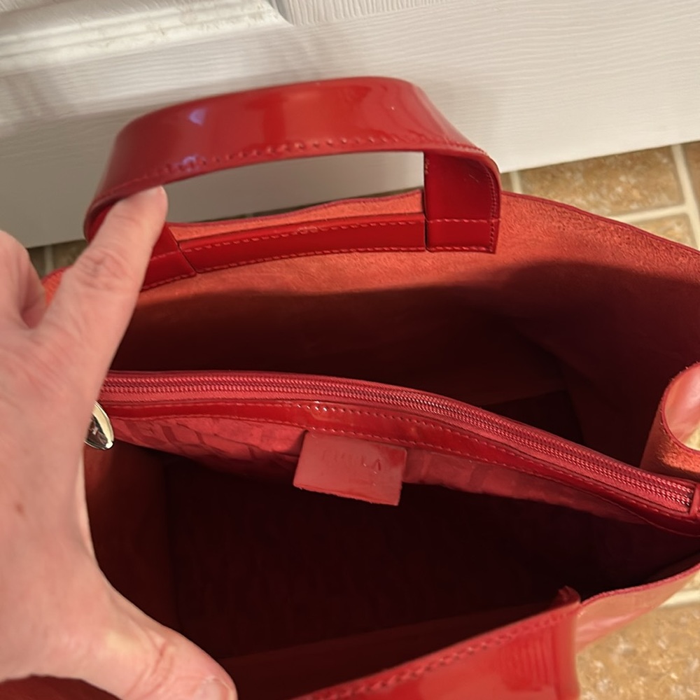 Furla Red Patent Leather Structured Divide It Tote Bag Silver Logo Charm - Picture 7 of 16